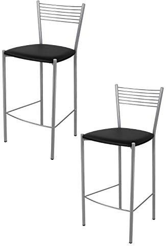 Tommychairs - 2er Set moderne Barhocker ELEGANCE für Küche und Esszimmer, robustes Gestell aus lackiertem Stahl, Farbe Aluminium, gepolsterte Sitzfläche mit Kunstleder im Farbton Schwarz überzogen