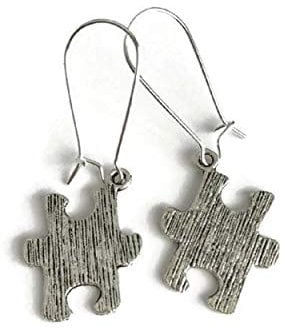 Antique Silver Jigsaw Earrings on Silver Plated Kidney Wires, Puzzle Jewelry