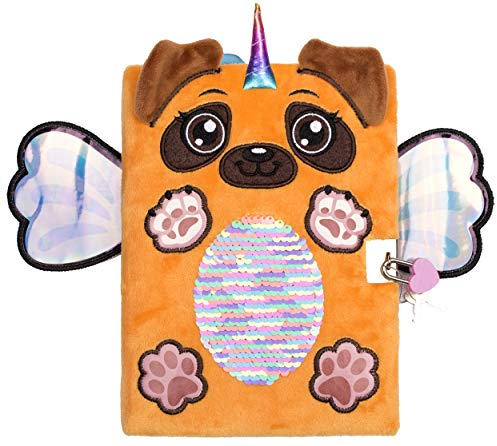 Fringoo - Cute Plush Secret Diary For Girls | Reversible Sequins Design Diary Journal With Padlock & Bookmark Weekly Planner | Lockable A5 Notebook Diary With 96 Pages - Pugicorn