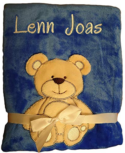 Wuff-Dogsworld Babydecke viele Farben & Motive mit Namen/Geburtsdatum Bestickt Geschenk Baby (dunkelblau Bär)