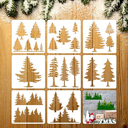 8 Stencil Albero di Pino Modelli di Pittura Artistica Stencil per Alberi per Pittura Su Legno Natale Vacanze Invernali Decorazioni per Pavimenti da Parete Fai-da-Te (6 x 6 Pollici)