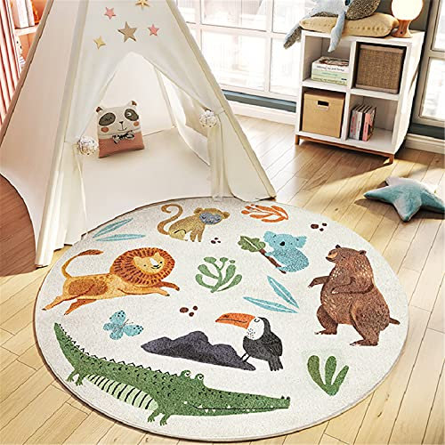 SWECOMZE schön Teppiche Kinderteppiche Flauschige Runden Groß Schutzmatten Waschbare Matten Kindermatte fürs Babyzimmer Kleinkinderzimmer Wohnzimmer (Zoo,100 * 100cm)