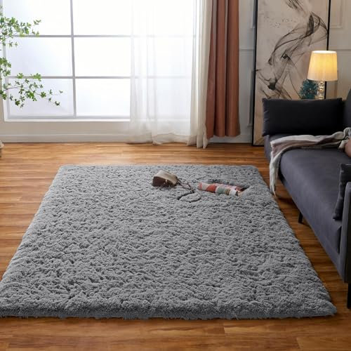 Obundi Weicher Flauschiger Teppich,Anti-Rutsch Teppich Wohnzimmer,Schlafzimmer - Bodenteppiche Gemütlich für den Winter (Grau,140x200cm)
