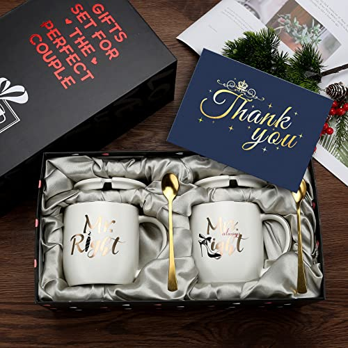 Mr Right and Mrs Always Right Couples Coffee Mugs Cups Gifts Set for Engagement Wedding Bridal Shower Bride and Groom to Be Newlyweds Anniversary - Ceramic Marble 13 Ounce(White&White)