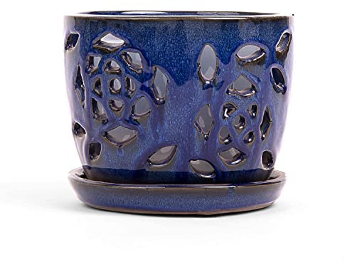 rePotme Orchid Pot - 5 inch Floral Cutout Ceramic Orchid Pot with Holes (Midnight Blue) - Includes Matching 5 inch Slotted Pot Liner