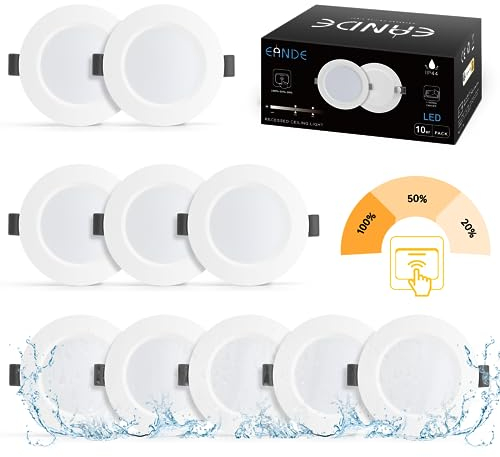 Eande 10er Led Einbaustrahler 230v 3 Stufe Dimmbar Flach IP44, 6W 3000K Warmweiss, Ultra Flach 26 mm, Ø118mm, Ø93-100mm Lochbohrung Einbauleuchten Deken Einbauspots