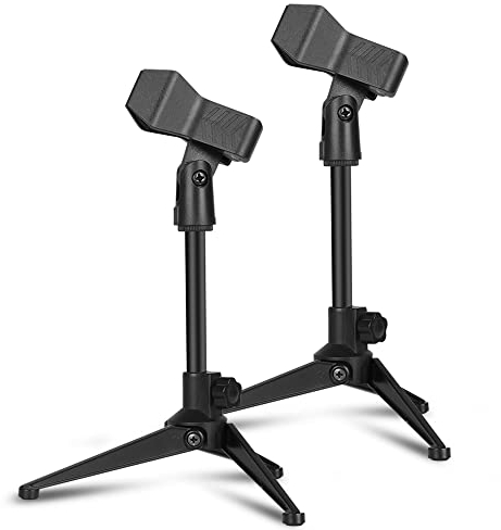Depusheng Soporte de micrófono de escritorio plegable de ángulo ajustable sobre mesa plegable soporte de montaje de micrófono soporte de plástico negro (2 piezas)