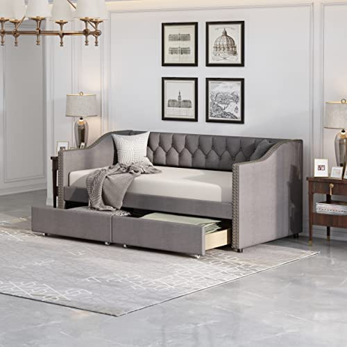 Merax Schlafsofa Polsterbett, Bettsofa mit Zwei Schubladen, 3-Sitzer Gästesofa mit Schlaffunktion, Leinenstoff, Liegefläche 90x200 cm, mit Armlehnen, Jugendbett Kinderbett Gästebett, Grau