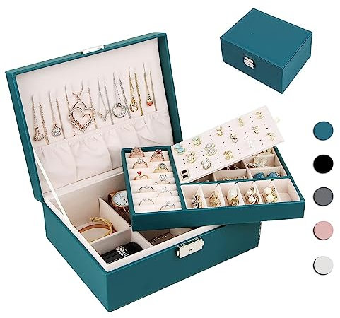 Homtibrm Schmuckkasten, Schmuckkästchen mit 2 Ebenen, PU-Leder Schmuckbox Schmuckschatulle Groß Schmuck Organizer für Ringe Ohrringe Armbänder Halsketten, Grün