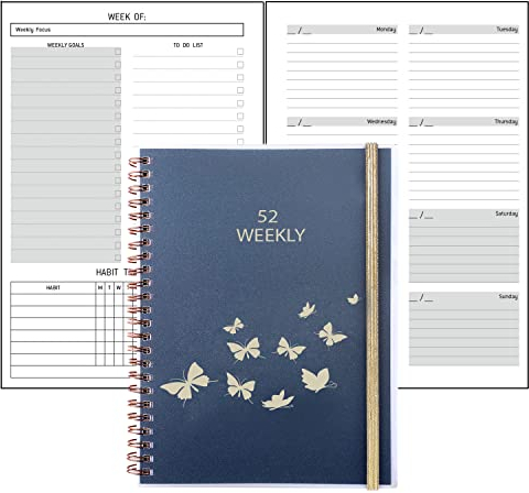 Wochenplaner 52 Wochen - A5 Planer Undatiert Ringbuch mit To do listen, Habit-Tracker & Tasche, Extra Notizen Kontak Seitet, Gummiband, Ideen für Schulerkalender 2023 2024 Schülerplaner Buchkalender