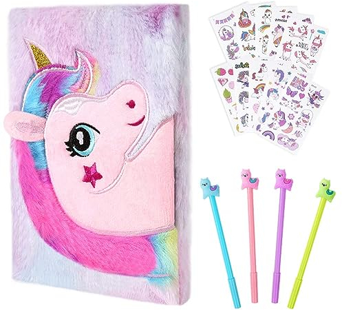 OFFCUP Tagebuch Einhorn Plüsch, Magisches Einhorn Notizbuch, Plüsch Einhorn Notizbuch, Geheimes Tagebuch aus Plüsch, Mit 10 Tattoo Stickern und 4 Gelstiften, Geschenk für Kinder, Schreiben Zeichnung