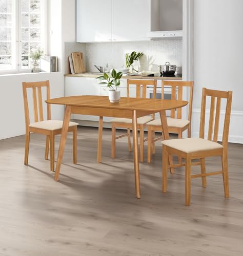 Hallowood Furniture Aston Light Oak Oval Extending Table and Chairs Set 4 | Farmhouse Style Butterfly Leaf Extendable Dining Table and Chairs in Warm Cream Padded Seats, 5 Piece Wooden Dining Room Set
