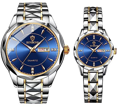 JewelryWe Paar Uhren Edelstahl Herren Damen - 2pcs Blau Analog Quarz Pärchen Armbanduhr mit Edelstahl Armband Leuchtend Zeiger Datum Woche Kalender 30m wasserdichte Uhr für Männer Frauen