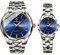 JewelryWe Paar Uhren Edelstahl Herren Damen - 2pcs Blau Analog Quarz Pärchen Armbanduhr mit Edelstahl Armband Leuchtend Zeiger Datum Woche Kalender 30m wasserdichte Uhr für Männer Frauen