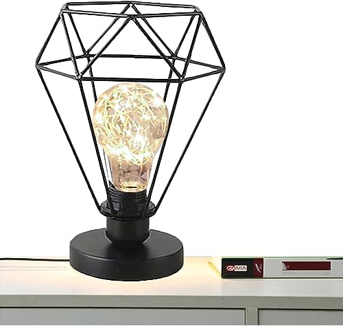 Chao Zan Nachttischlampe Shade Eisen Tischleuchte Hängelampe Design E27 Metall-Tischlampe Diamant Rahmen Lampe für Heim Schlafzimmer Bistro Dekoration für Wohnzimmer Restaurant (Schwarz)
