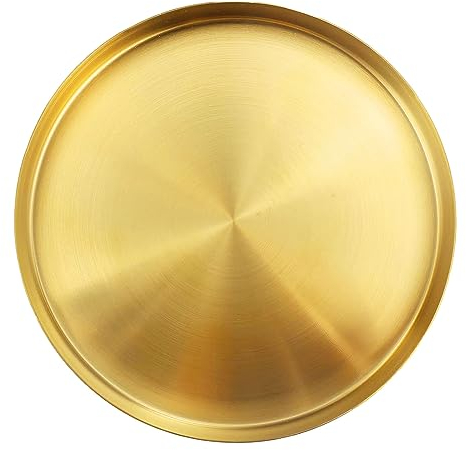 Gold Round Tray, Stainless Steel Tray 30cm/11.8in, Serving Tray Coffee Tray Metal Organizer Plate, Living Room Organizer, for Makeup, Tea, Coffee, Drinks, Toiletries, Snack, Fruit, Kitchen Tableware