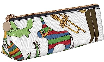 TOMPPY Federmäppchen mit Herz-Motiv, bedruckt, Leder, tragbar, für Schreibwaren, Organizer, Bleistift-Halter, Make-up-Tasche mit Reißverschluss, Mexiko Chili Pyramide Nachos Kaktus Musik,