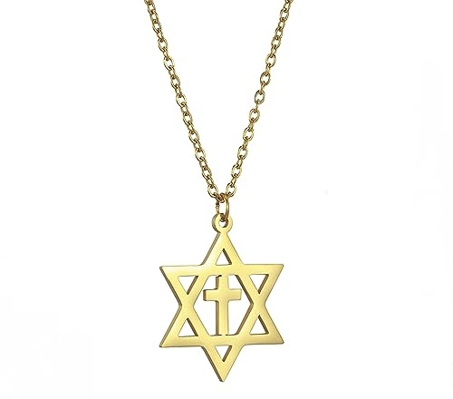 EUEAVAN Davidstern Halskette für Frauen Hexagramm Anhänger Halskette Amulett Symbo Jüdisch Israel Religiös David Schmuck Geschenk Frauen (Davids Kreuz Halskette Gold 3)
