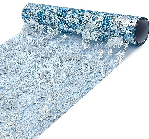 Tischläufer Blau, 28 cm x 10 m Tischband Metallic Tischläufer, Tischdecken Hochzeit Dekostoff Gold für Hochzeit Kommunion Geburtstag Party Golden Himmel Silberblau