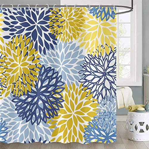 Hnmdmyi Rideau de Douche Dahlia Pinnata Fleurs 240x180, Bleu Jaune Floral Rideau de Douche Abstrait Moderne Chic Simple Art Rideau de Baignoire Imperméable Polyester Tissu Lavable Rideau de Bain