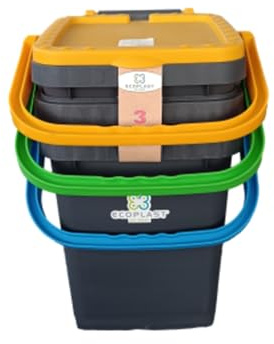 Ecoplast Tris de poubelles pour collection différenciée 20 l, couleurs assorties jaune/vert/bleu, 34,5 x 34,5 x 34,5 x 34,5 cm, fabriqué en Italie