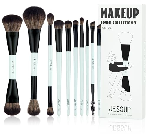 Jessup Pinselset Make Up Pinsel Set, 10tlgs Makeup Pinsel, 14-in-10 Duo-End Pinsel Vielseitigkeitskollektion, Foundation Puder Lidschatten Kontur Eyeliner Highlighter Rouge Pinsel, helles Zyan T500