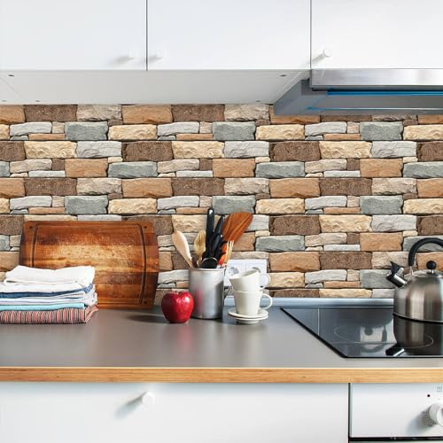 Piastrelle Cucina Ceramica 20X40Cm Pietra Grigia Gialla Sticktiles Piastrelle Da Parete In Buccia E Bastone,Adesivi Piastrelle Bagno,Pvc Resistente Al Calore Impermeabile Piastrelle（10Pcs）