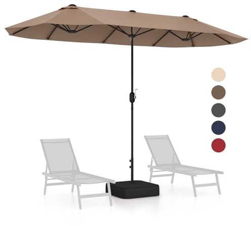GOPLUS Doppelsonnenschirm 400 x 200 cm, Sonnenschirm mit Ständer, UV 50+, Gartenshirm mit Kurbel, Balkonschirm groß, Marktschirm Oval für Garten & Terrasse (Braun,400 x 200 cm-Ohne LED)