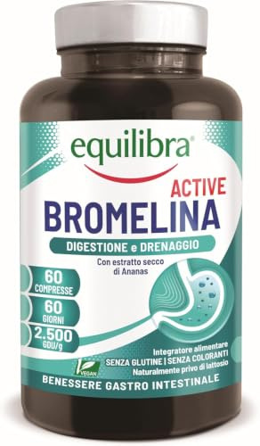 Equilibra Bromelina Active 500mg 2500 GDU/g, 60 Compresse, Scorta 2 Mesi | Funzione Digestiva e Drenante, Contrasta Pesantezza delle Gambe