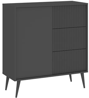 Wohnzimmer-Set Barcello, Wohnzimmermöbel Anthrazit Grau Matt, Wohnwand mit geriffelten Fronten, Loft, Industriell , Grifflos, Schwarze Füße, Couchtisch, Vitrine, Fernsehrschrank 05 (Kommode 1D3S)