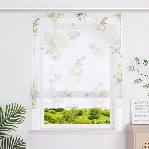 Heichkell Raffrollo mit Klettband Transparent Vorhang Leinen Raffgardine Bedruckte Gardine mit Blumen Grün BreitexHöhe 80x140 cm