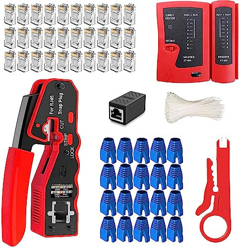 MAYLINE RJ45 Pince à Sertir de Kit d'Installations Professionel Testeur Reseau LAN Wire Strippe RJ11 RJ12 Cat6 Cat5e Trousse à Outils de Réparation pour Cablage Ordinateur (Rouge)