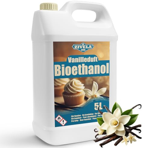 ZIVELA Bioéthanol 96,6 % 5 l | Alcool bio parfum vanille 96,6 % 5 l | Cheminée à bioéthanol ZIVELA | Parfum vanille | Combustion propre, sans fumée, flamme vive et stable