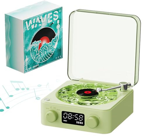 Cute Speaker Waves Mini tocadiscos de vinilo 6x6.3x2.9 portátil cuatro modos inalámbrico vintage tocadiscos con pantalla LED altavoz recargable fácil de tocar para dormitorio oficina, altavoz verde f