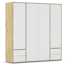Rauch Möbel Nabila, Drehtürenschrank, Kleiderschrank, Kleiderschränke, Garderobe, 4-türig, 4 Schubladen, push-to-open, Farbe Weiß/Eiche Artisan, Holz, 187x194x53cm