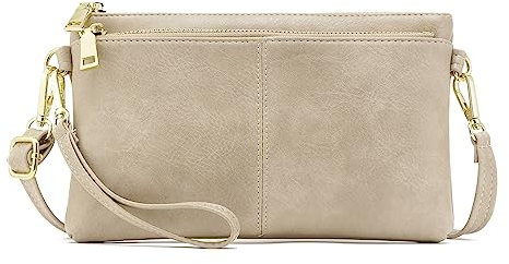 ZOUIQSS Kleine Dreifach Reißverschluss Umhängetasche Leichte Handtaschen Geldbörse Vegan Leder Handgelenkstasche,Inklusive verstellbarer Schulter(Classics Beige)