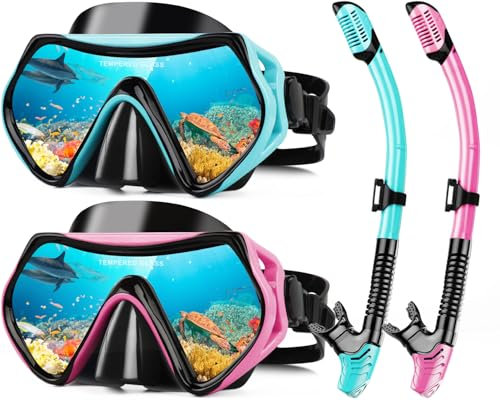 Set da snorkeling per adulti, anti-appannamento, design a prova di perdite, vista panoramica a 180°, maschera da snorkeling realizzata in vetro temperato, tubo e cinghie regolabili, perfetto per