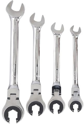 4 Pcs Ratcheting Wrench Set, Brake Line Wrench Set with Open Flex Head, 72 Teeth Adjustable Angle 10mm 12mm 14mm 17mm Ratcheting Tubing Wrenches