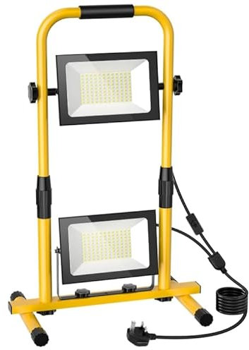 Yofuly 2 x 100W Projecteur LED Chantier, 15,000LM Lampe de Chantier Portable avec Prise et Câble 3M, Luminaire Exterieur sur Pied Rotation à 360°, Étanche IP65