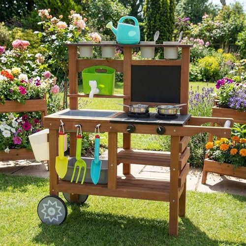 WoodenFun Holz Matschküche mit Rädern Wasserkocher Spüle für Gartenkinder ab 3J(Braun)