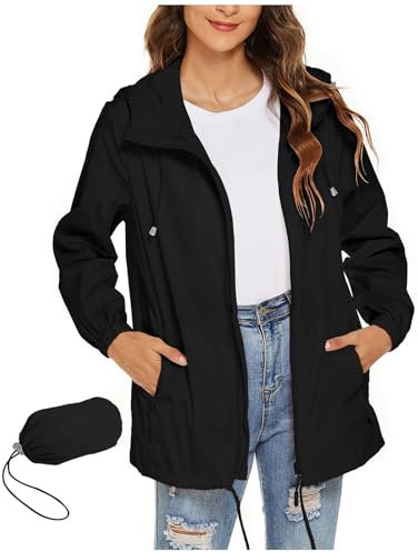 RLEHJN Coupe Vent Femme Impermeable Veste Sport Femme Avec Fermeture Éclair Veste De Pluie Avec Capuche Légère Séchage Rapide Unie Manteau Fine Respirant Veste D'extérieur Pour Les Voyages Et Le Sport