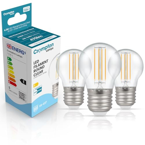 Crompton Lamps Filament Golfball LED Light Bulb ES-E27 | 4.2W = 40W Equivalent | Warm White 2700K | Energy Efficient | Edison Screw Lightbulb | Long Life 10,000-Hrs | Clear Glass | Dimmable | 3-Pack