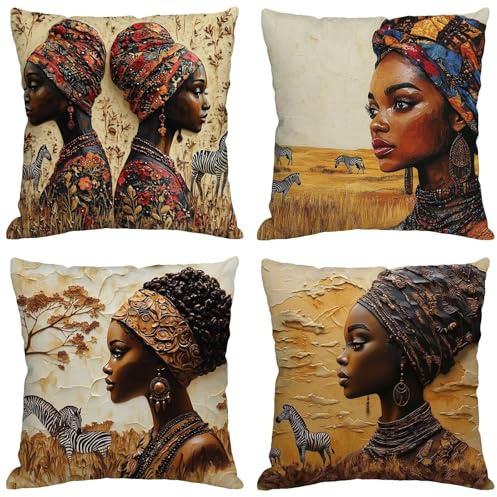 Kissenbezug 50x50 cm Outdoor Kissen Afrikanische Frau Kissenbezüge Leinen 4 stück Zierkissen Tier Sofakissen mit Unsichtbarer Reißverschluss Sitzkissen für Sofa Indoor/Outdoor Deko Gifts M414