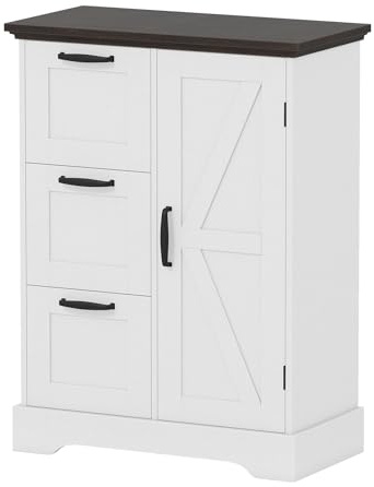 COSTWAY Küchenschrank, Aufbewahrungsschrank im Landhausstil, Buffetschrank mit Türen & 3 Schubladen, Anti-Kipp-Sicherung für Küche, Esszimmer, Wohnzimmer, 60 x 30 x 80 cm, Weiß (Weiß)