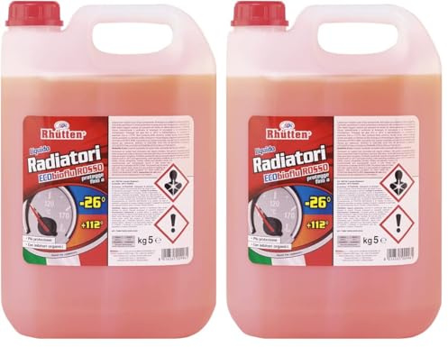 Liquido Radiatori Permanente, Colore Rosso, Protezione Alluminio, Antigelo fino -26°C, Additivi Organici, 5kg (Confezione da 2)