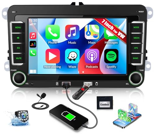 CAMECHO 7 Zoll Carplay Autoradio für VW Golf 5 6 Polo Passat Seat Touran Skoda Tiguan mit Rückfahrkamera, Bluetooth Radio mit Wireless Android Auto FM RDS 2USB EQ Sound SWC +Touchscreen HD