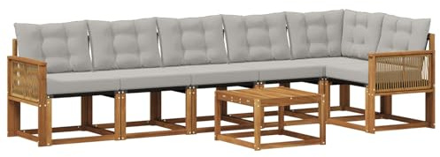 vidaXL Outdoor-Sofagarnitur mit Kissen 7 pcs Natürlich und Hellgrau, Garten, modernes Sofa-Set, langlebige Möbel für draußen, stilvolle Lounge, entspannen am Pool