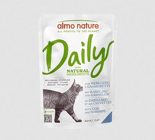 almo nature Daily Adult Cat Complete No Gluten Wet Food with Cod and Shrimps - (Pack of 30 x 70g Pouches), transparent