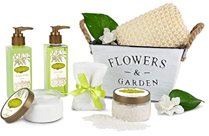 Römer Wellness Geschenkset: Toskana, 7-teilig: 200 ml Duschgel, 200 ml Schaumbad, 100 ml Bodylotion, 140 g Badesalz, 1 Sisalschwamm, 1 Seiftuch in Metalleimer, Duft: Olive; Maße: ca. 21 x 12 x 24 cm