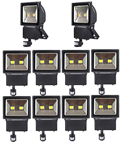 10pcs 100W Foco LED con Sensor Movimiento,ALPHA Foco Proyector con Iluminación LED y PIR Sensor de Movimiento(100 Watts,Blanco Cálido),Resistente al Agua IP65,Iluminación de Exterior y Seguridad